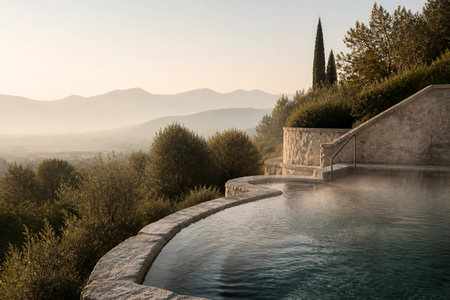 A quiet thermal pool overlooking a misty European mountain landscape
